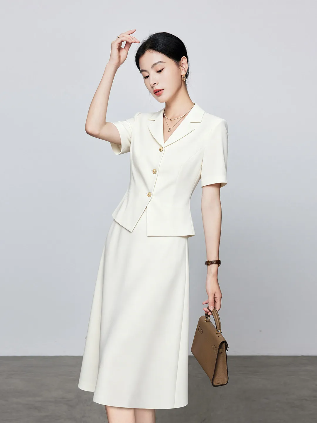 Elegant Rouje Moaks Women's Short Sleeve Two-Piece Set Summer Professional High Waist Breathable Lightweight Button up Commut...