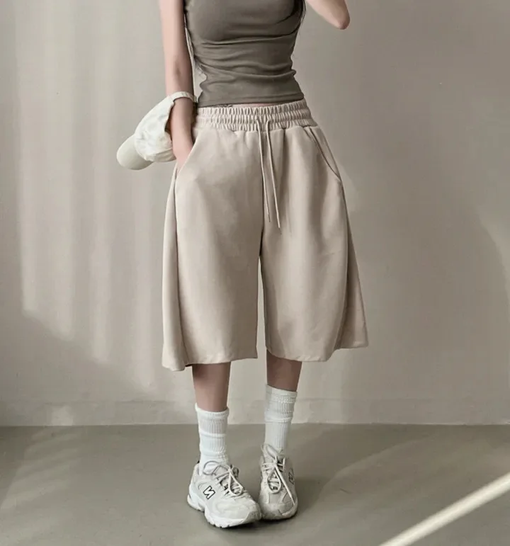 Summer Drawstring Wide Leg Shorts Women Fitness Running Loose Casual Large Sports Shorts Sweat Short High Elastic Lace Up Pants