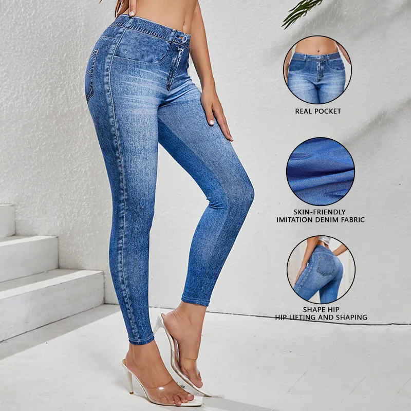 Women Faux Denim Print Leggings High Waist Butt Lifting Skinny Pants High Waist Pants Clothing Workout Running Quick Dry Pants