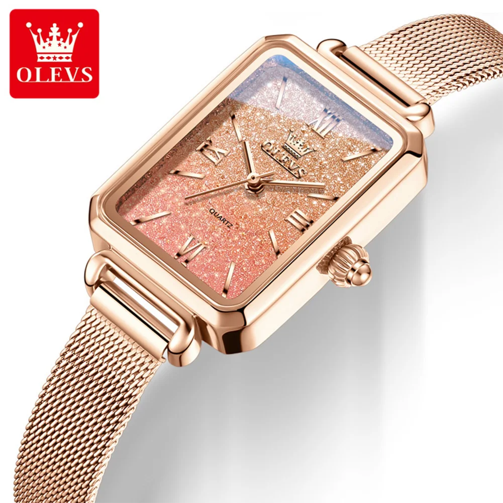 OLEVS Watches for Woman Fashion Square Sparkling Diamonds Starry Sky Dial Elegant Luxury Mesh Steel Strap Quartz Women's Watches