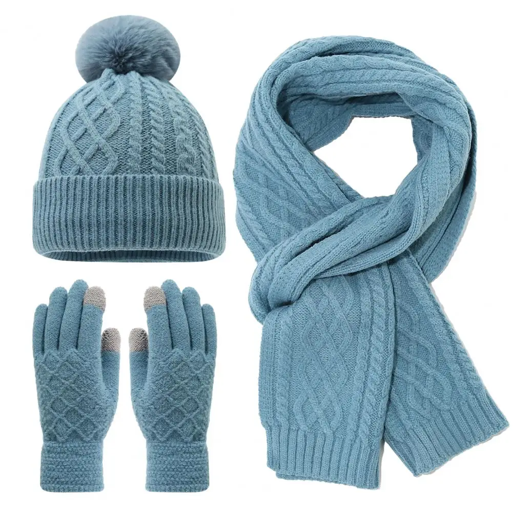 Hat Scarf Gloves Set 3pcs Women Winter Accessories Set Plush Ball Brimless Hat Long Scarf Touchscreen Gloves for Weather Elastic
