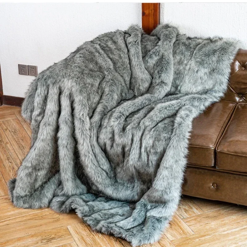 Light Luxury Imitation Faux Fur Blanket Thickened Long Hair Plush Blankets Sofa Model Room Decorative Fluffy Hair Blanket Cover