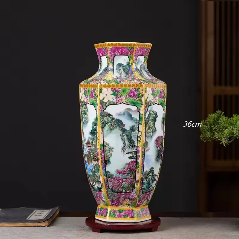 

36cm/Jingdezhen Ceramic Enamel Colorful Flower and Bird Hexagonal Vase Antique Flower Arrangement Vase Home Living Room Entrance