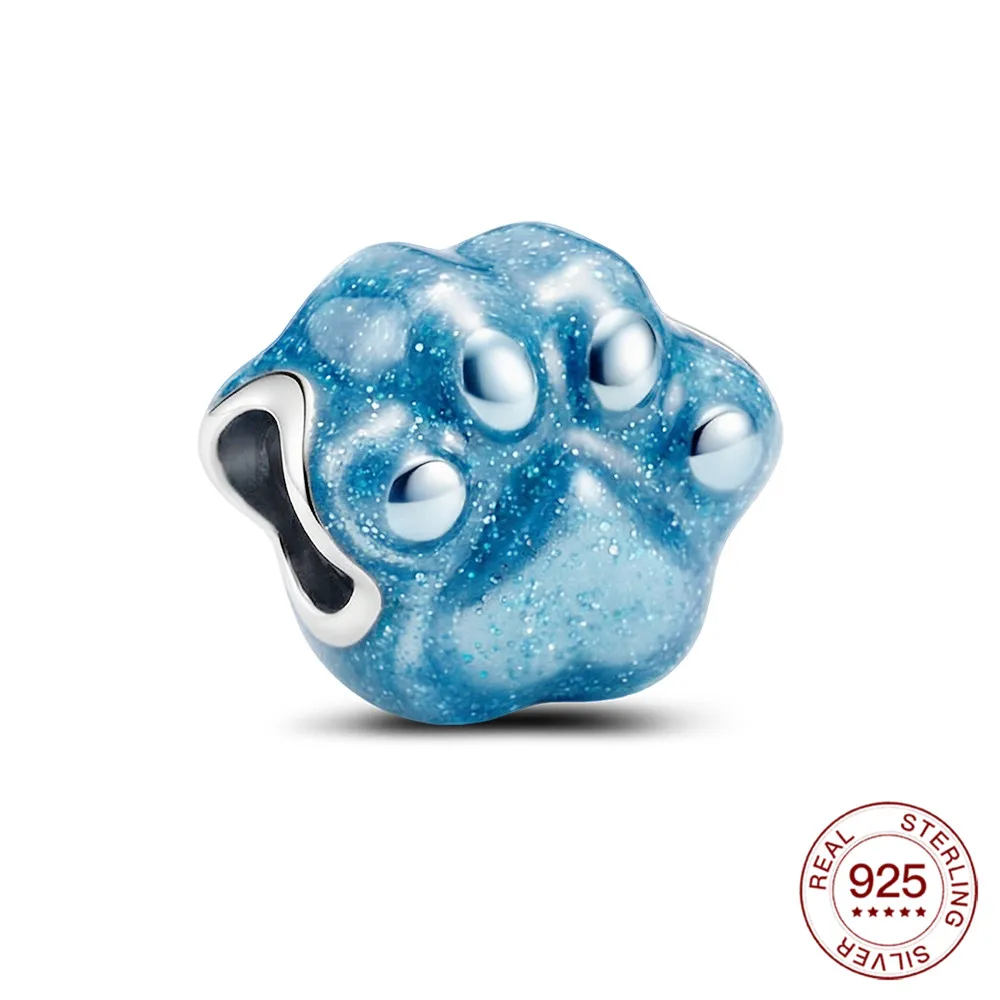 

925 Sterling Silver Blue Glitter Dog Paw Print Charm Pet Lover Bead Fit European Charm Bracelets Animal Jewelry Gift For Women