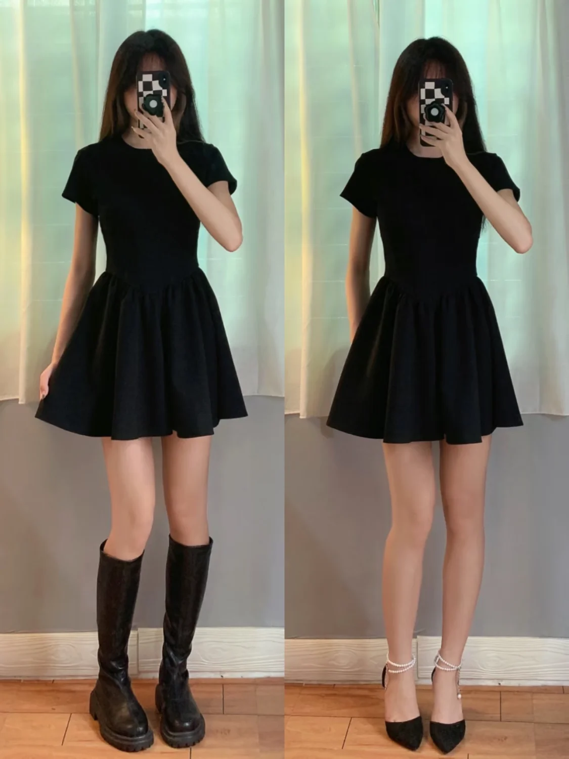 Petite Black Dress High-End Knit Spring Summer Cinched Waist A-Line Slimming O-Neck Short Sleeve Mini Stylish for Junior Ladies