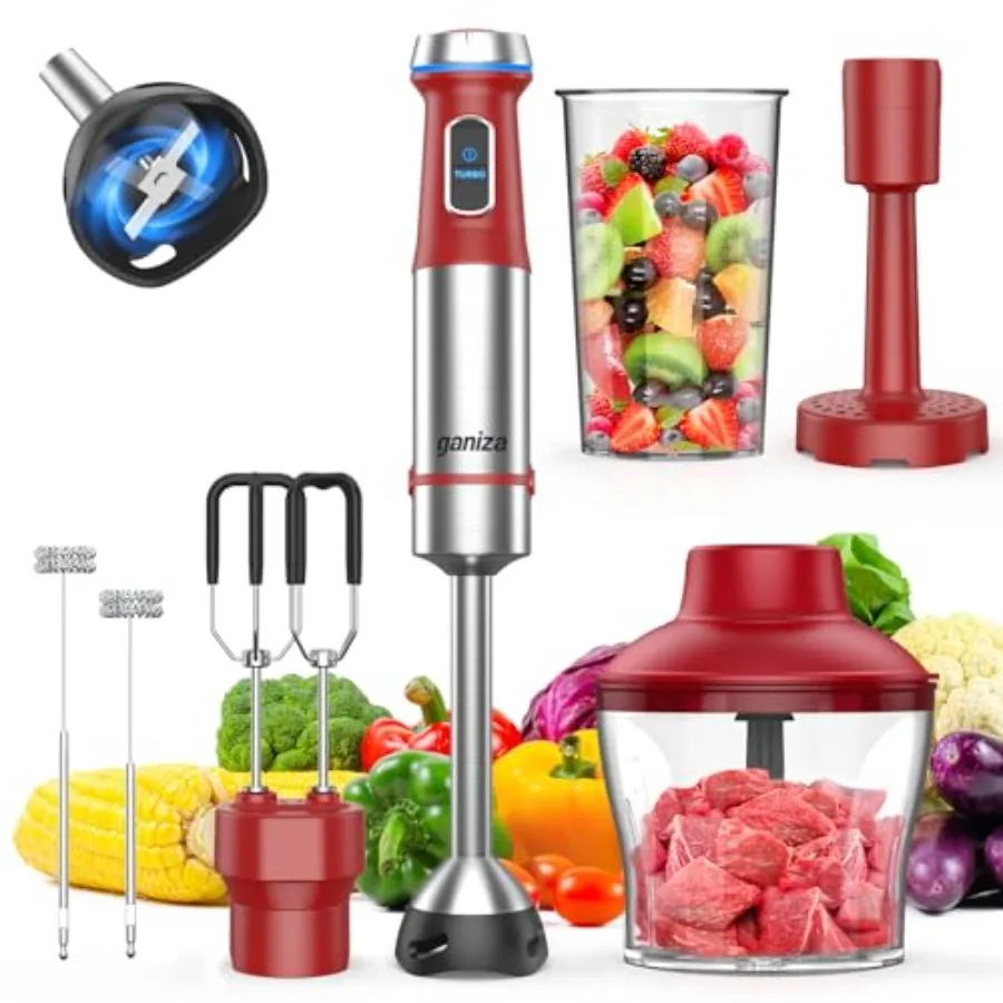 Immersion Blender Handheld 6 in 1 Hand Blender Stainless Steel Blade 15 Speed Stick Blenders 800ml Mixing Beaker 600ml Chopper