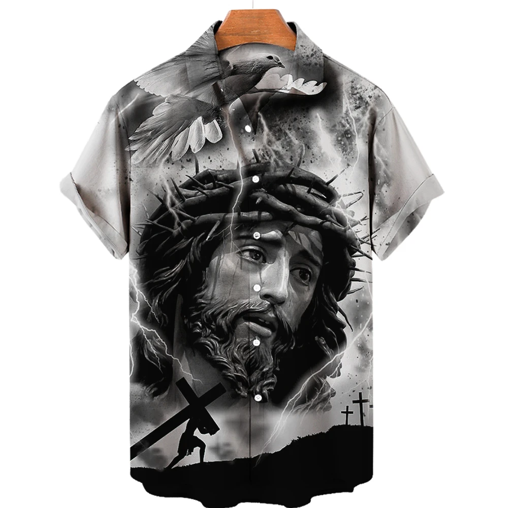 Camisa havaiana estampada em 3D masculina, estampa de Jesus, leão animal, rua alta, top solto, roupas de streetwear, moda