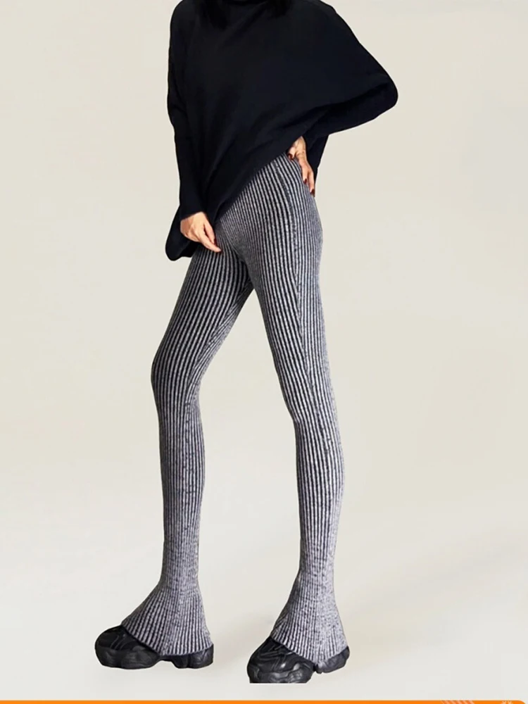 Stretch Slim Knit Flared Pants Winter Gray Faux Old Thickened Warm Women's Horseshoe Pants 2025 New