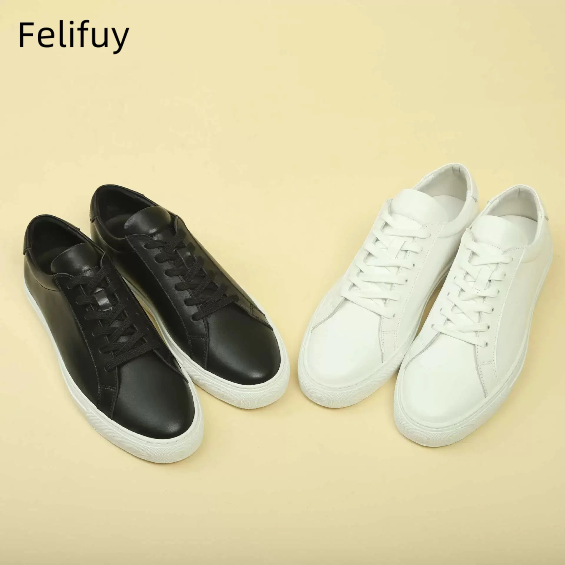 White Men Trendy Genuine Leather Round Head Lace Up Flat Sneakers Solid Simple Cow Basic Shoes Casual Male Spirng Autumn Shoes