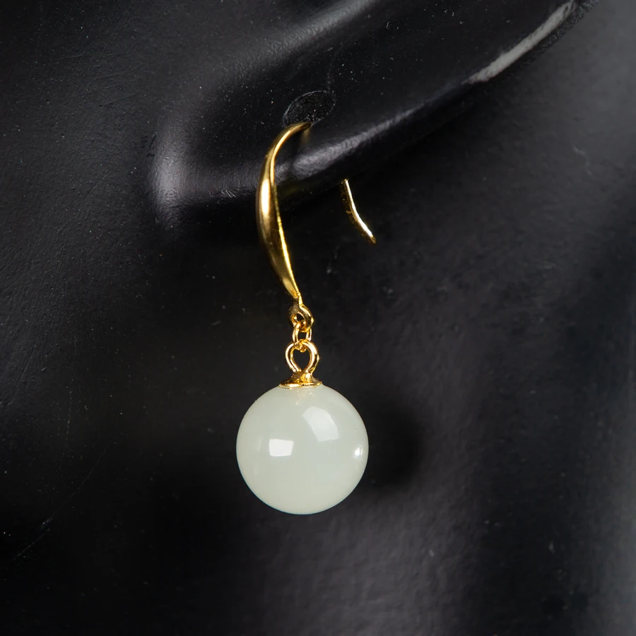 

TIMESWIND Natural Jade White Round Bead Pendant Women S925 Silver Earrings with Certificate