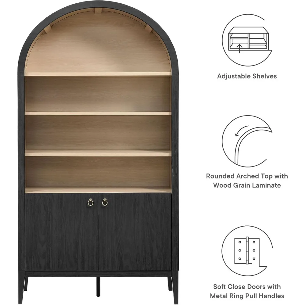 Nolan Tall Arched Storage Display Cabinet in Black - 74 Inch Arch Bookshelf with Open and Closed Shelving - Modern Accent Cabin