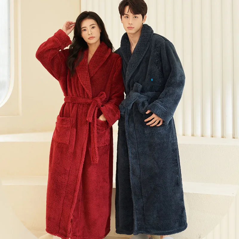 Couple Autumn Winter Robe Coral Fleece Oversize Thicken Kimono Gown Solid Color Warm Bathrobe Men Women Homewear Dressing Gown