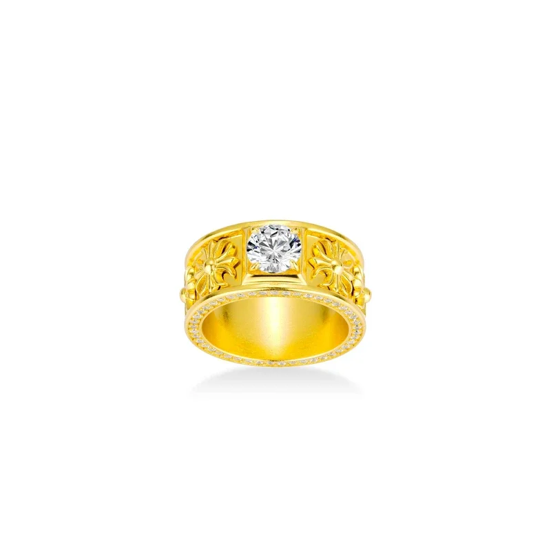 

BELLUX 925 Silver Gold Plated Synthetic Zircon Gold Carving Petal Single Diamond Four Claw Flower Wide Edition Ring