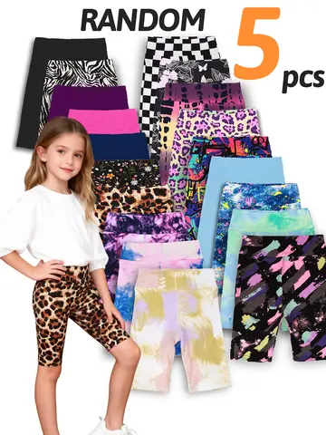 Random 5pcs girls yoga band soft stretchy biker shorts, high waist bermuda short leggings for children dancing sports