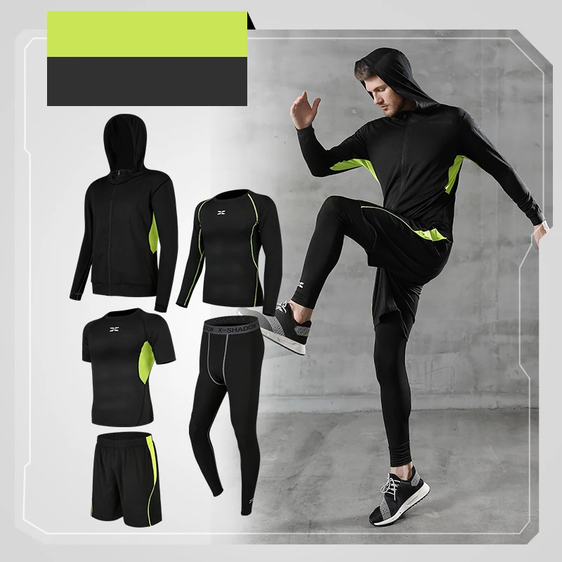 PINGNIAO Gym Breathable Men\'s Fitness 5 Piece Set Classic Black Training Leggings Running Compression Suit Jogging Sleeves