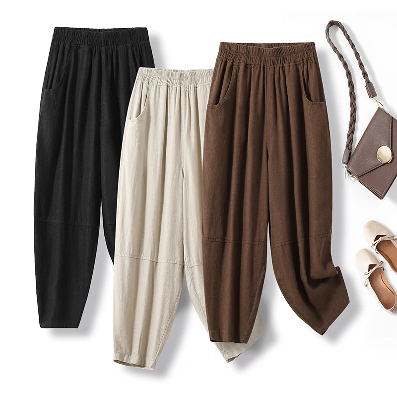 

Повседневные широкие брюки из смеси хлопка и льна с высокой талией, плиссированные Harlan Nine Points для больших размеров, женские летние поездки на работу