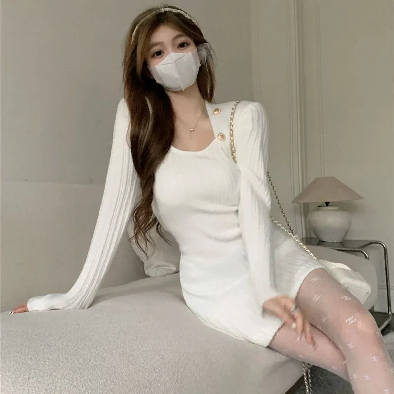 Sukienka damska dzianinowa niebieska elegancka podstawowa cool Harajuku koreańska jesień zima wyprzedaż Y2k obcisła sukienka szydełkowa damska