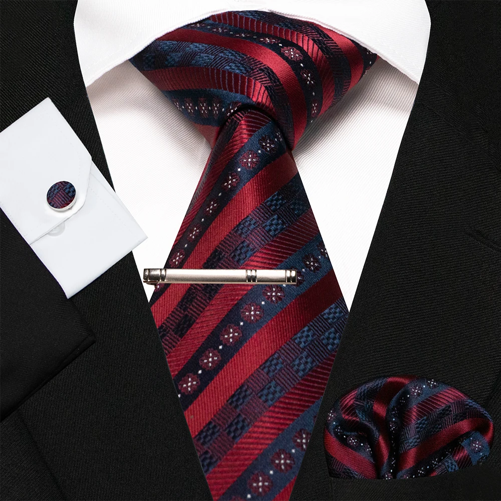 KAMBERFT Marineblau Gestreifte Seidenkrawatte für Herren, Modisches Design, Geschenkset mit Taschentuch und Manschettenknöpfen, Business-Party-Gravata – Detail 12
