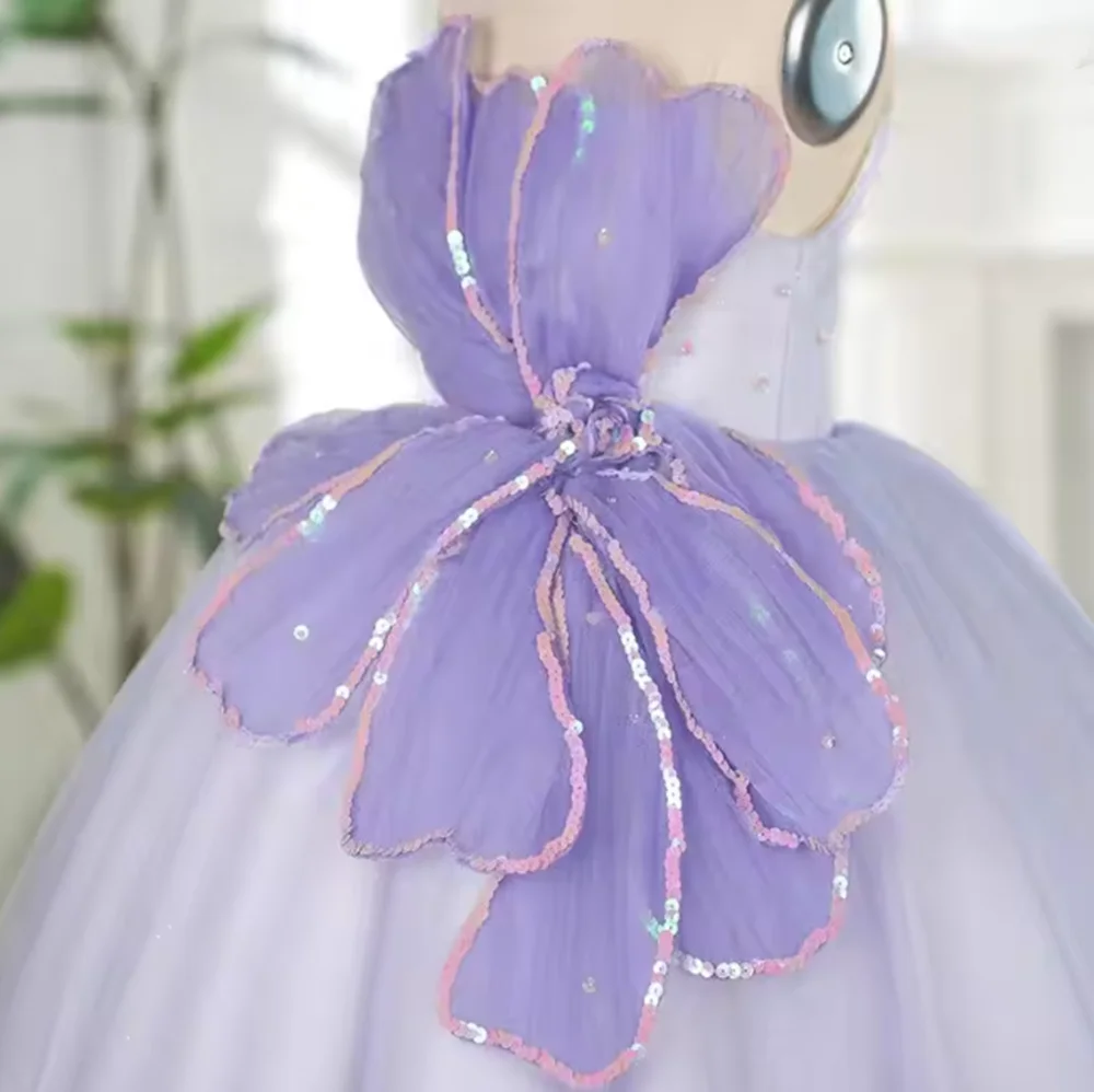 

Elegant Sequin Lilac Girl Dress Arabic Sleeveless for Princess Kids Birthday Wedding Party Pageant Holiday Gown