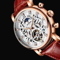 KINYUED Tourbillon Skeleton Watches Men Mechanical Automatic Wristwatch 3ATM Waterproof Watch Moon Phase Reloj Hombre