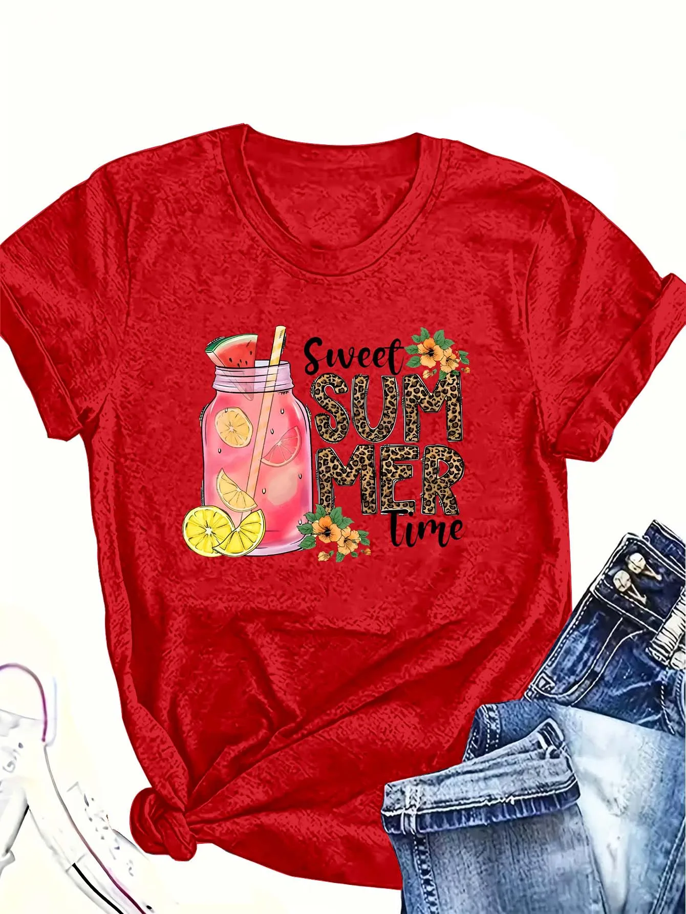 

Женская летняя футболка больших размеров с круглым вырезом и короткими рукавами с тематическим принтом — милые и повседневные топы