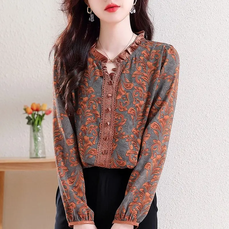 Women Korean Fashion Vintage Print Ruffle Blouse Elegant Chic Lace Patchwork Shirts Casual V Neck Long Sleeve Loose Tops Blusas