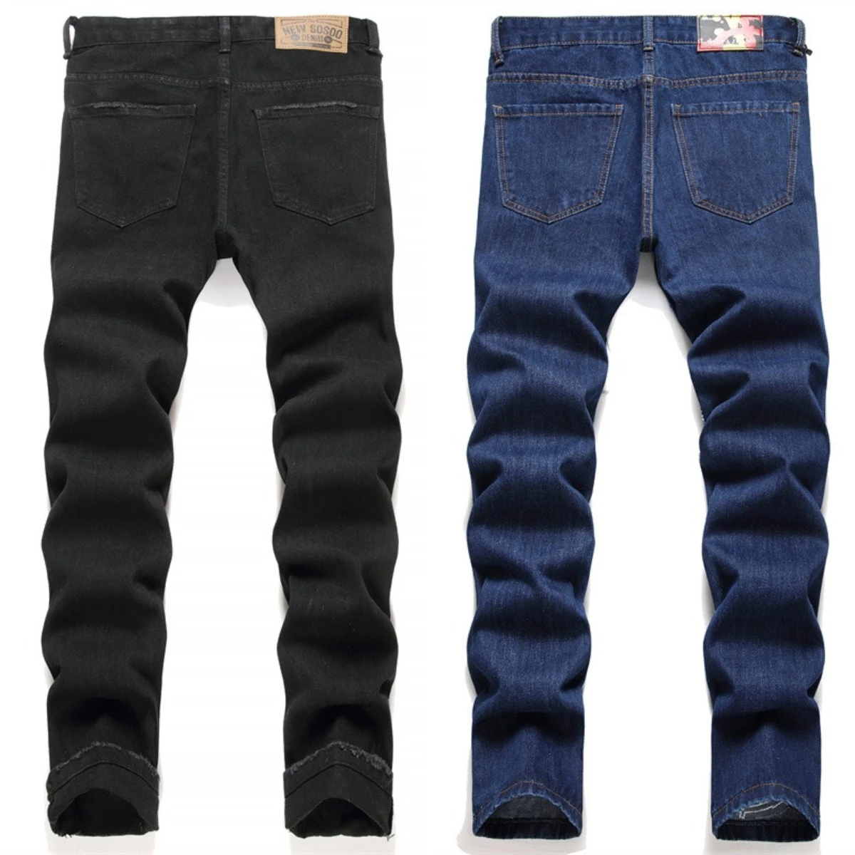 Rock Star Embroidered Jeans Men Patchwork Leather Badge Slim Fit Broken Holes Long Pants Scratched Vintage Elastic Hip Hop Motor