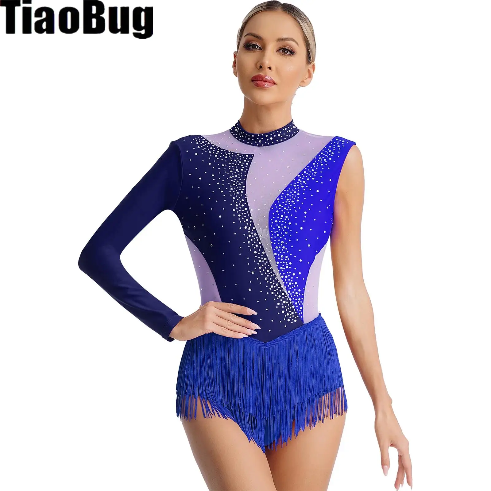 

Womens Figure Skating Dance Leotard Sparkling Rhinestone Contrast Color Tassel Mesh Patchwork Cutout Back Fringed Bodysuit