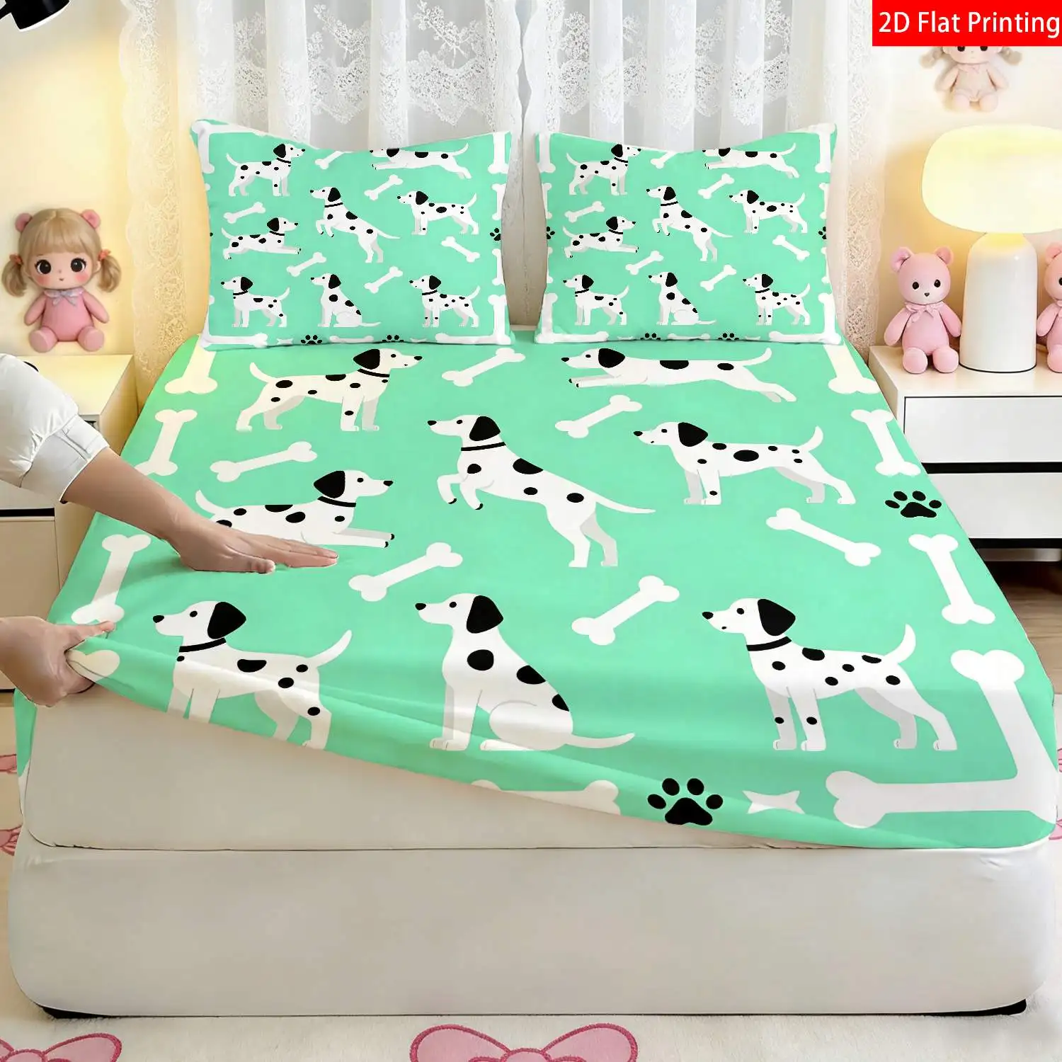 Digital Print Bed Sheet Set, 2D Flat Print Bed Sheet with Cute Dalmatian Dog and Bone Patterns, Animal-Themed Bedding. Large Capacity Deep Pocket 2D Print Bed Sheet and 2 Pillowcases, Bedding Mattress Protector. Elastic-Fitted Bed Sheet Style, Protective Cover, Mattress Protector, Suitable for All Seasons, Machine Washable Design, Holiday Decoration, Various Sizes, Breathable Protective Cover with Pillowcases