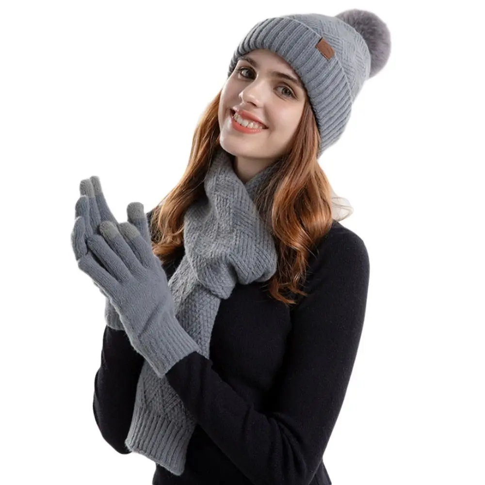3Pcs/Set Winter Touchscreen Knitted Hat Neck Protection Soft Scarf Gloves Set Warm Outdoor Scarf Cap Men Women