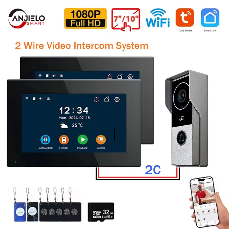 Anjieno Video Intercom Tuya Smart 1080P نظام جرس الباب المعدني ثنائي الخط مع دعم كاميرا IP