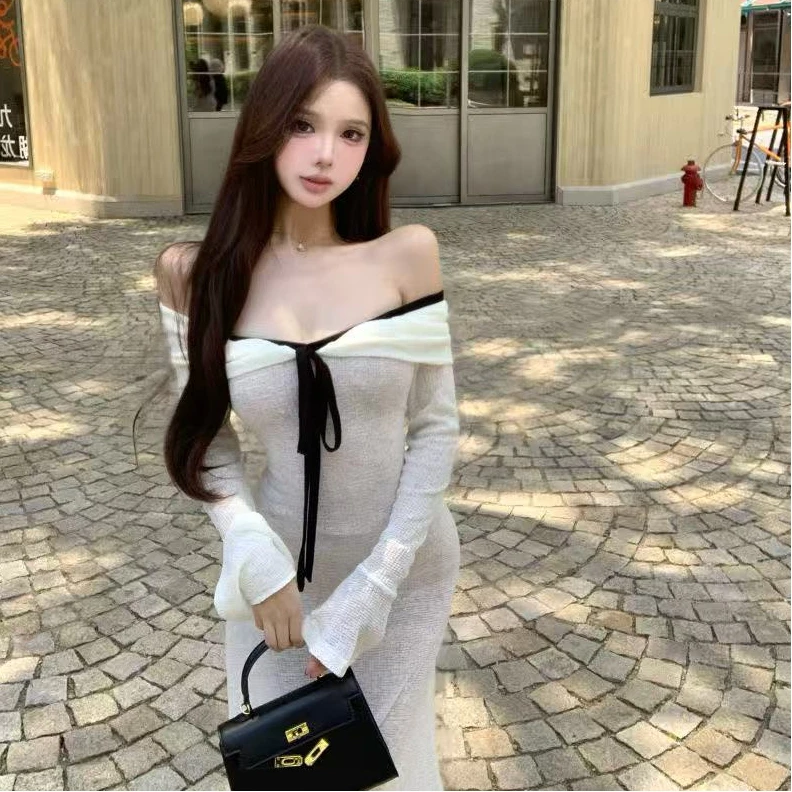 Robe longue asymétrique à manches longues et couleur contrastante pour femme, coupe ajustée, taille haute, style décontracté, automne