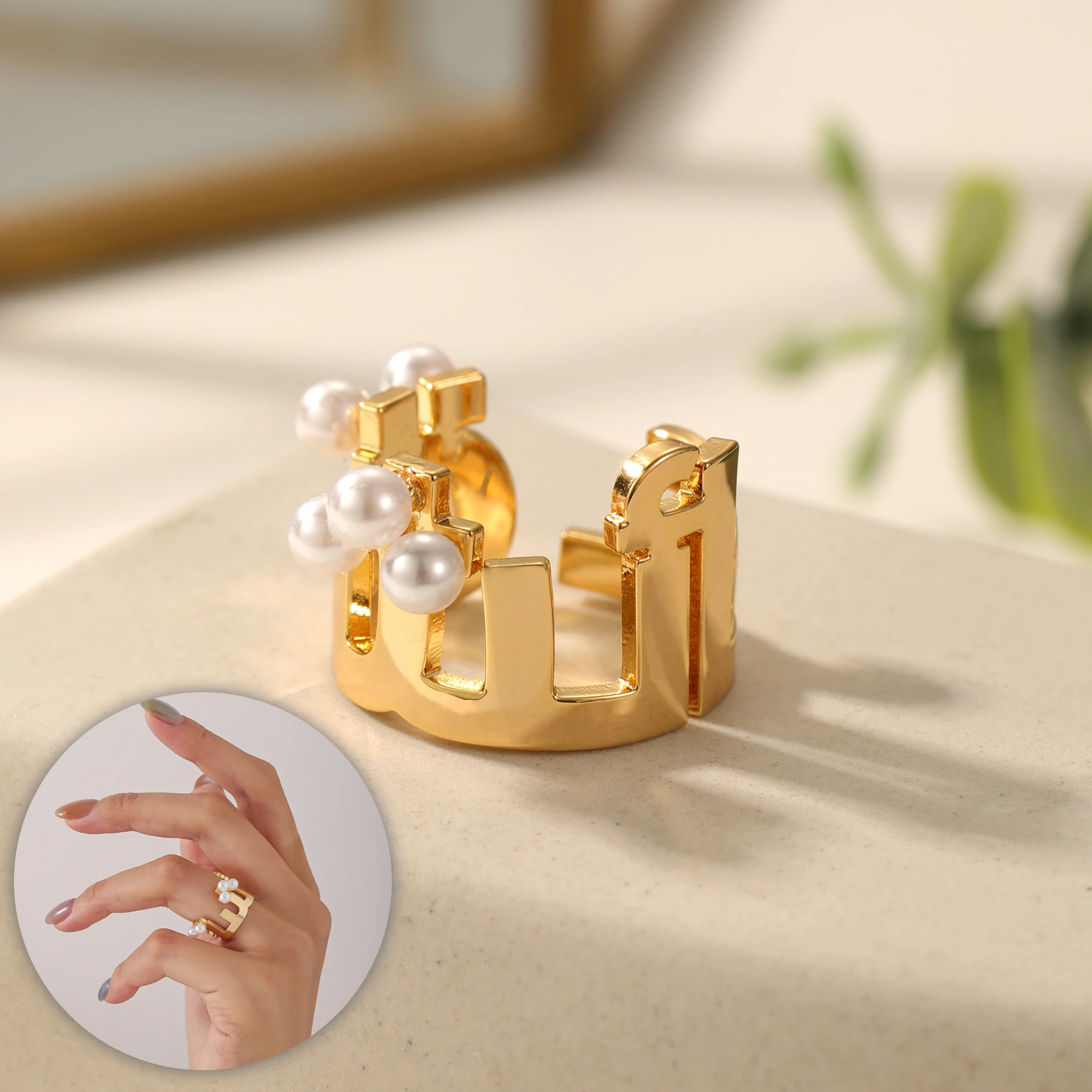 

Personalized Arabic Name Ring with Pearl Custom Muslim Name Ring Luxury Jewelry for Wife Eid Al Fitr Gifts Christmas Gift