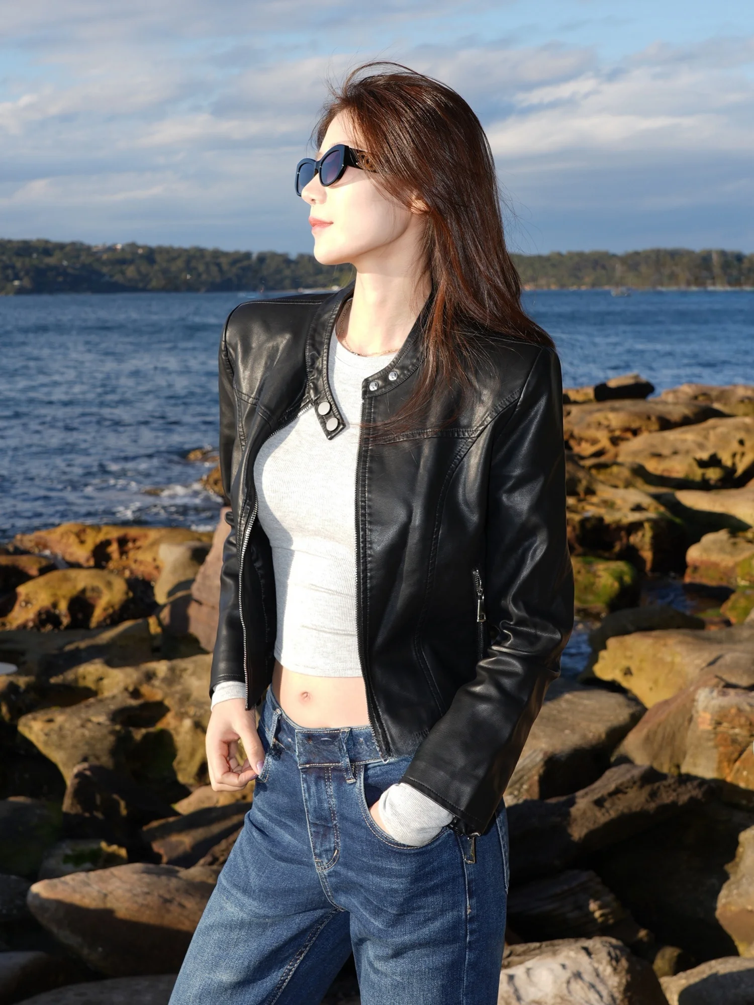 เสื้อแจ็คเก็ตหนัง PU สไตล์ไบค์เกอร์คลาสสิกสำหรับผู้หญิง ทรงเข้ารูป สไตล์เรโทร รุ่น MADE NOTHING 005 เหมาะสำหรับการเดินทางและแฟชั่น