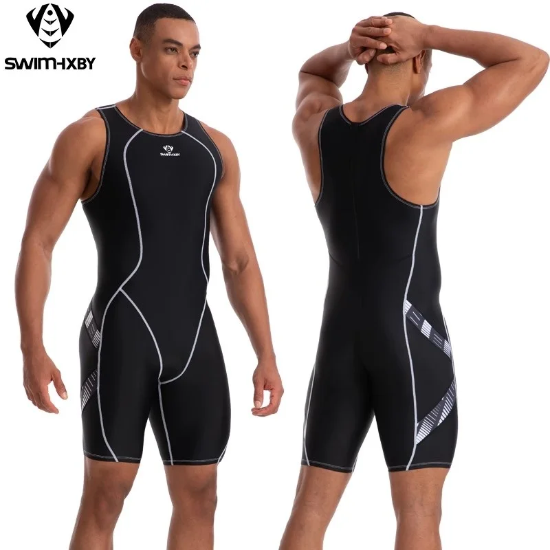 Black One Piece Swimsuit Knee Length Racing Swimsuit Male Swimming Outfit HXBY Men Women Professional Sporty Swimwear