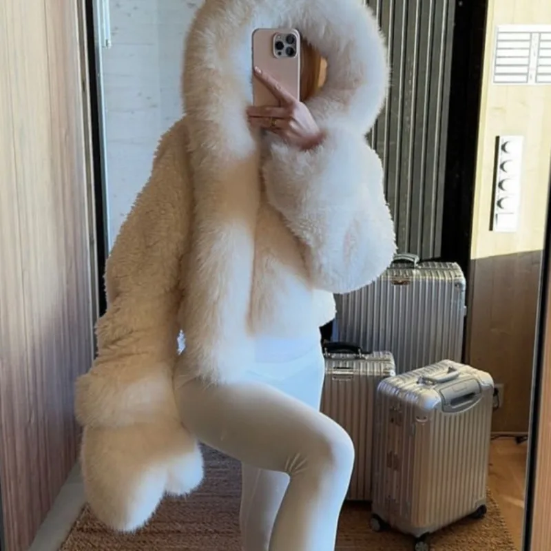 Winter White Hooded Faux Fur Jacket Women Fashion Fluffy Patchwork Thick Warm Fluffy Plush Short Coat 2025 Lady High Streetwear