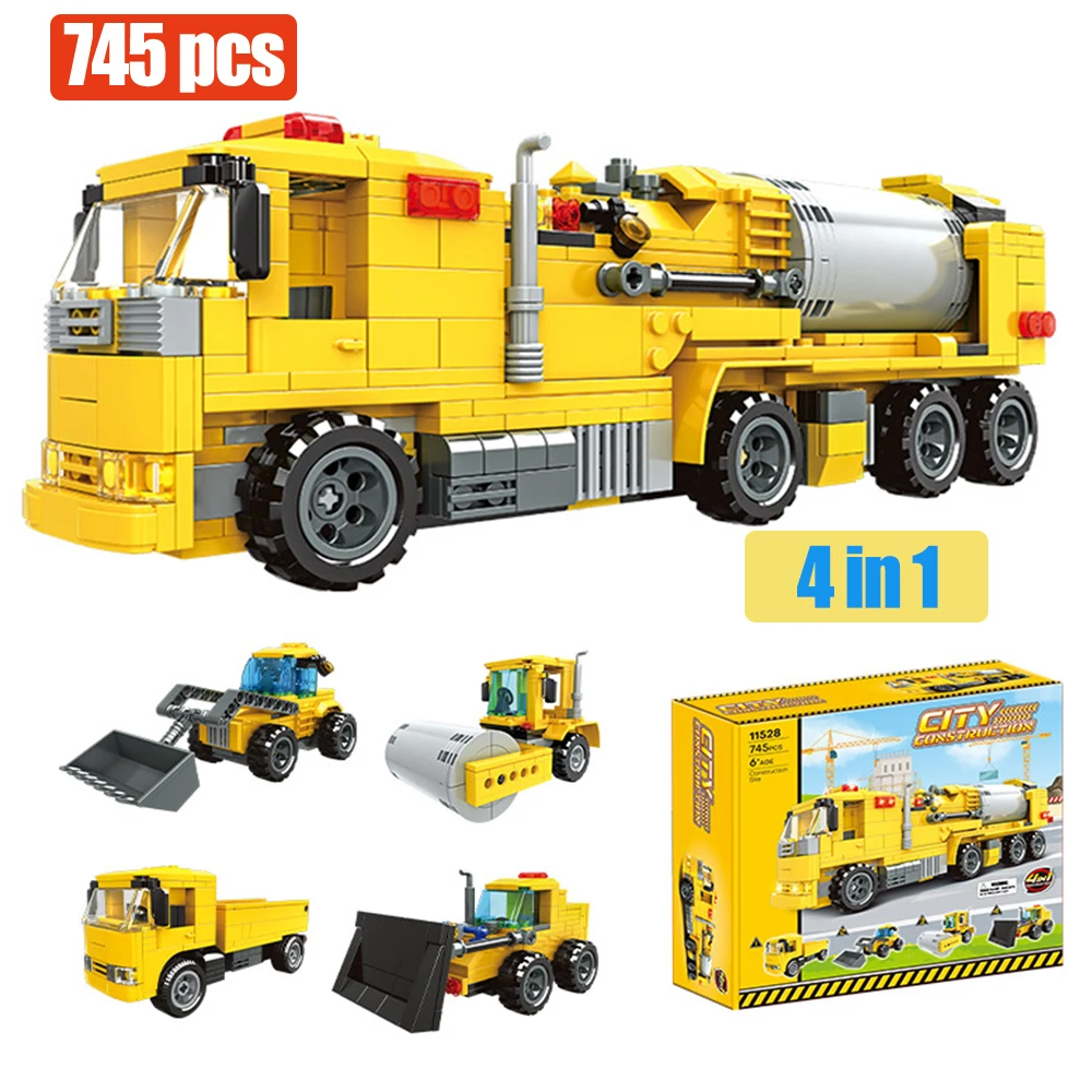 745 Pcs City 4 in 1 Kendaraan Konstruksi Blok Bangunan Excavator Dump Truck Mobil Batu Bata Mainan Edukatif Untuk Anak Laki-laki Hadiah Anak-anak