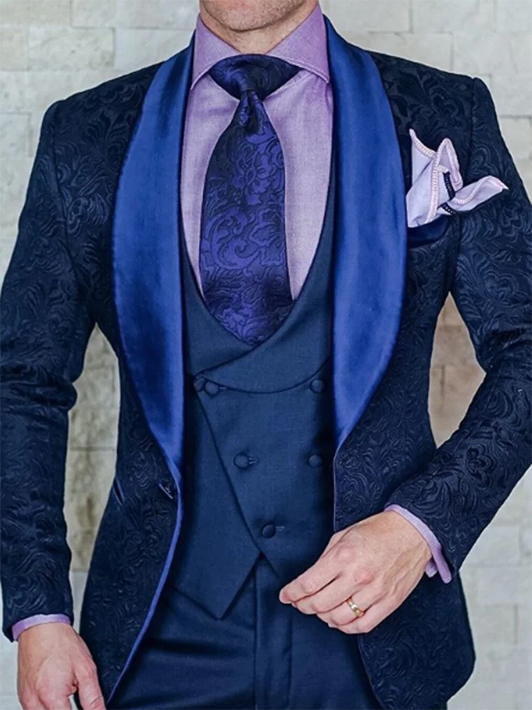 Custom Made Satin Jacquard Wedding Groom Slim Fit Men Suits with Shawl Lapel 3 Pieces (Blazer + Vest + Pants ) Costume Homme