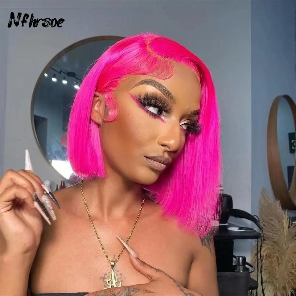 Highlight Hot Pink Colored Short Bob Raw 13x4 Lace Front Wigs For Women Human Hair Straight Wig Hair Lace Frontal Wigs For Women