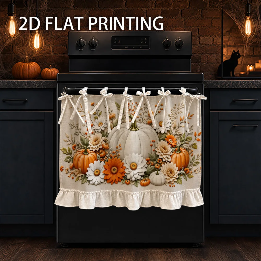 1PC kitchen stove curtain, cabinet curtain and apron. Features a 2D graphic print design featuring a festive pumpkin print. Perf