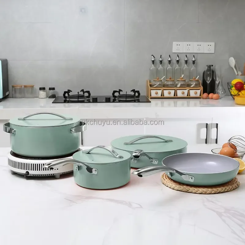 Non Stick Cookware Sets Low Moq Aluminum Induction Ceramic Yellow Kitchen Utensils Cookware Set