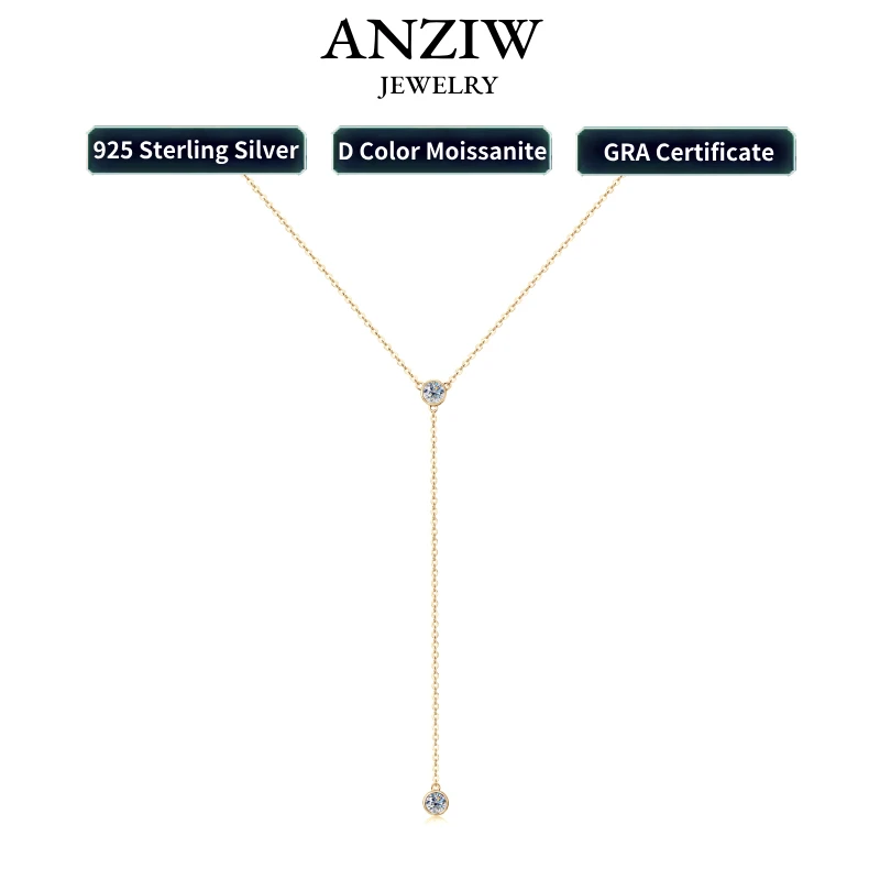 

Anziw Long Tassel Necklace Silver 925 Sterling Sexy Y Shaped Design Chain Pendant Women's Jewelry 4mm(0.30ct) Moissanite Choker