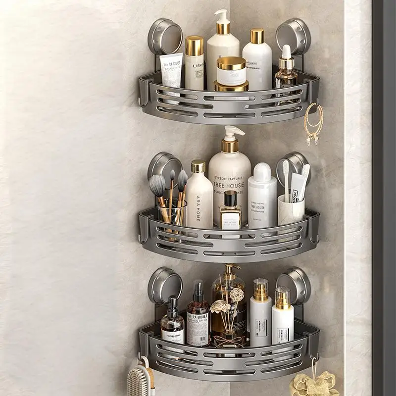 

Easy Install Shower Corner Rack, 3-Tier Storage with Suction Cups & Hooks - Keeps Bathroom Dry and Organized