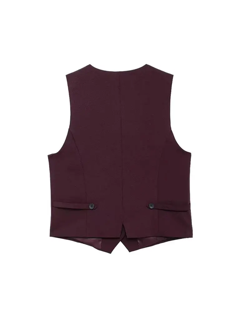 HH Female Streetwear Style Chic Tops Wine Red V-Neck Sleeveless Buttons Single Breasted Summer Vest Tops Woman 2024 Trendy