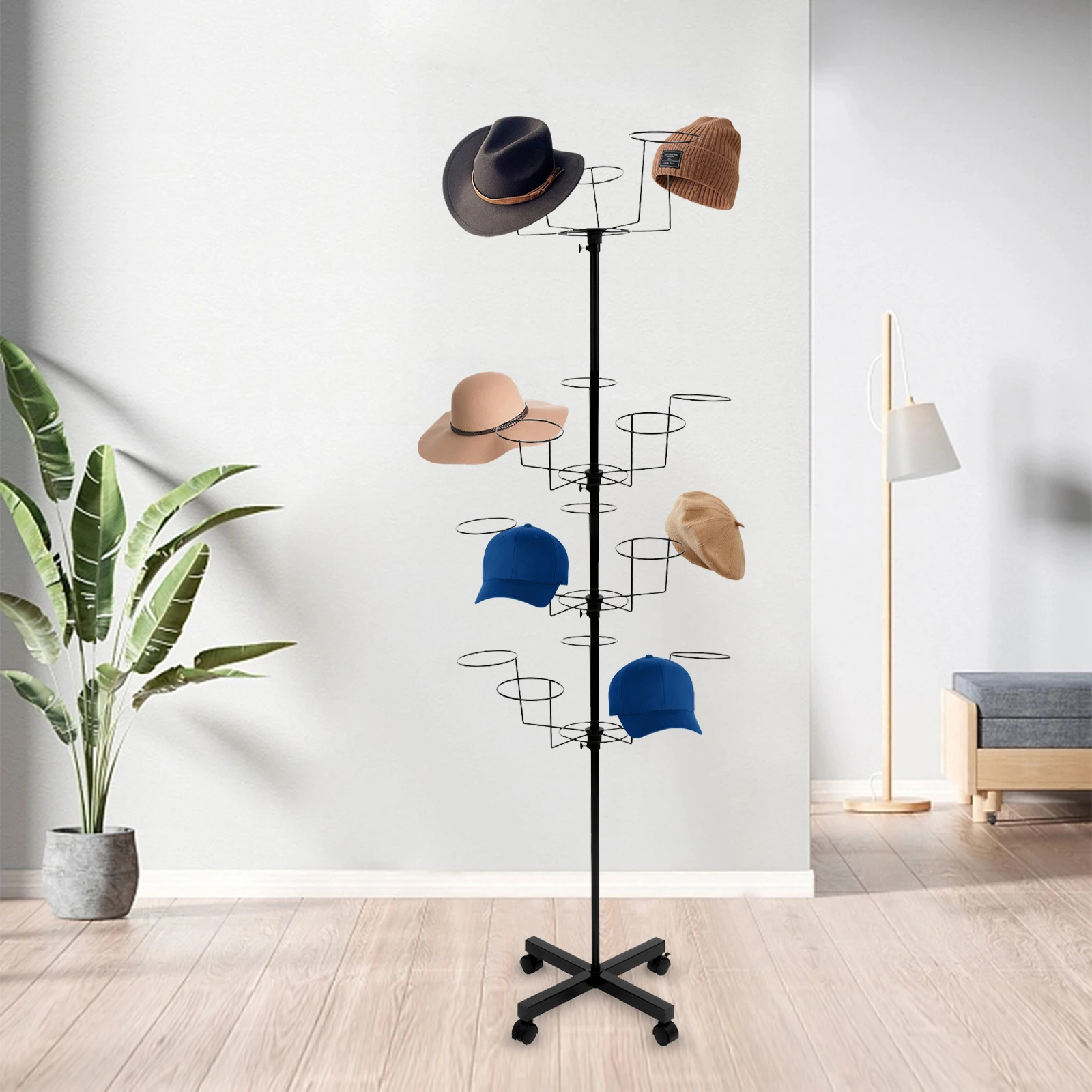 

7-Tier Hat Rack, 35 Hats Capacity Rotating Hat Display Stand with Wheels, Iron Hat Organizer for Hats Wigs Storage Home Closet Store, Black/White