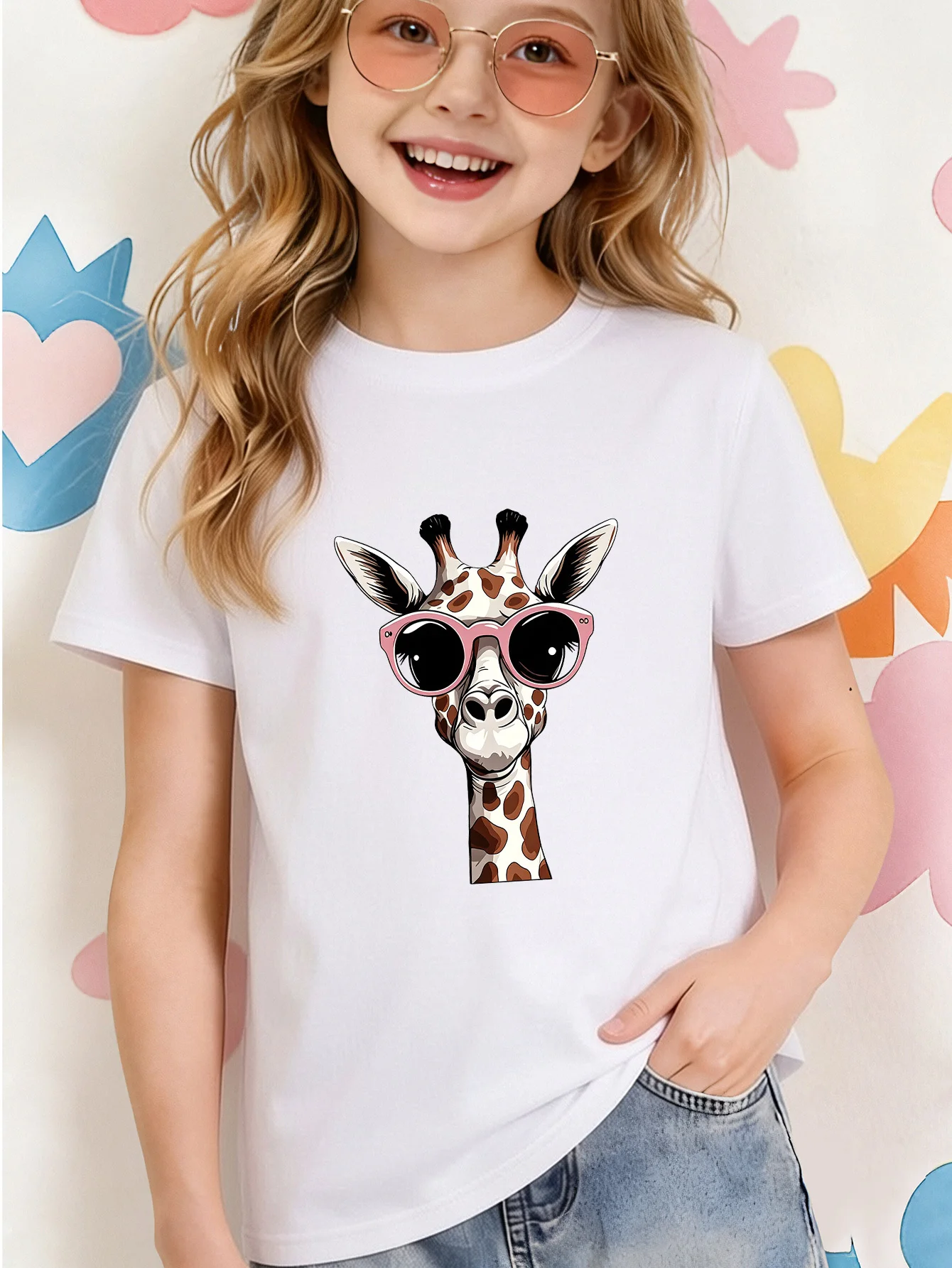 Cute Giraffe Pink Sunglasses Print Kids T Shirt Boys Girls Short Sleeve Crew Neck Cotton Parent Child Matching Casual Play Tees