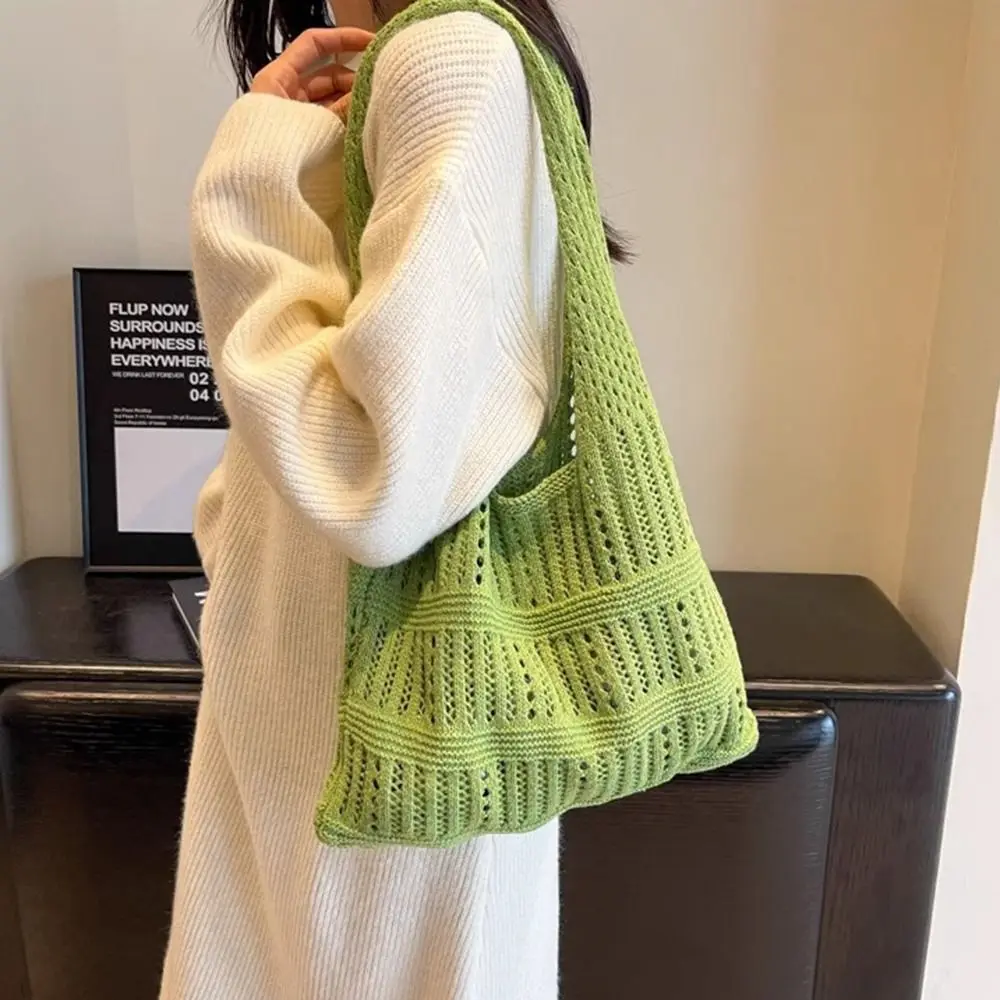 

Portable Hollow Out Women Knitting Shoulder Bag Simple Vintage Casual Crochet Bag Large Capacity Soft Shopping Handbags Vacation