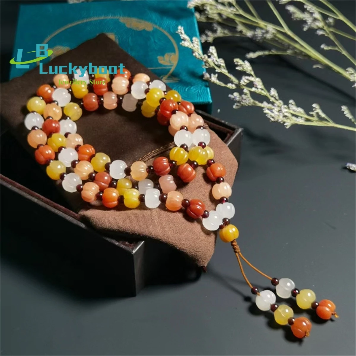 

Natural Xinjiang Golden Silk Jade Multi Ring Bracelet Round Bead Necklace Three Color 108 Hand String Pumpkin Jade Sweater Chain