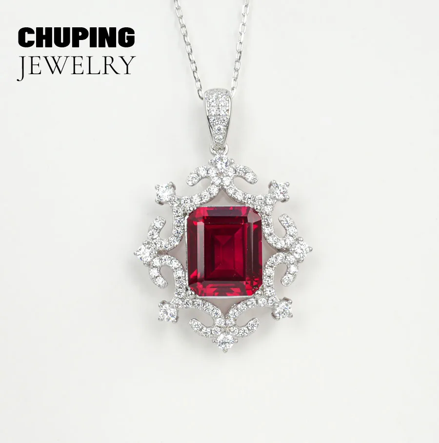 

Chu Ping Fine Jewelry Lab Ruby Pink Sapphire Emerald Octagonal Cut 8*10mm S925 Silver Pendant Necklace Highlight Elegance