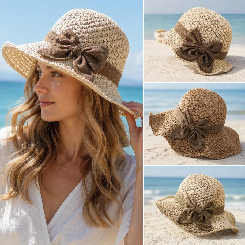 Damen Sommer Strohhut Faltbarer Sonnenhut mit Breiter Krempe Handgefertigter Gewebter Strandhut mit Großer Schleife Sonnenschutz Reisekappe für Frauen